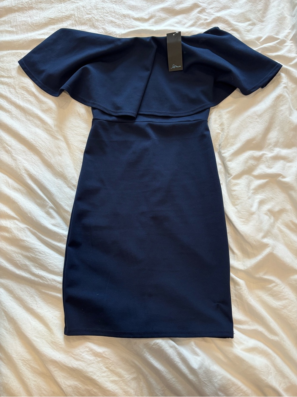 Soprano Navy Strapless Off-Shoulder Ruffle Sheath Dress